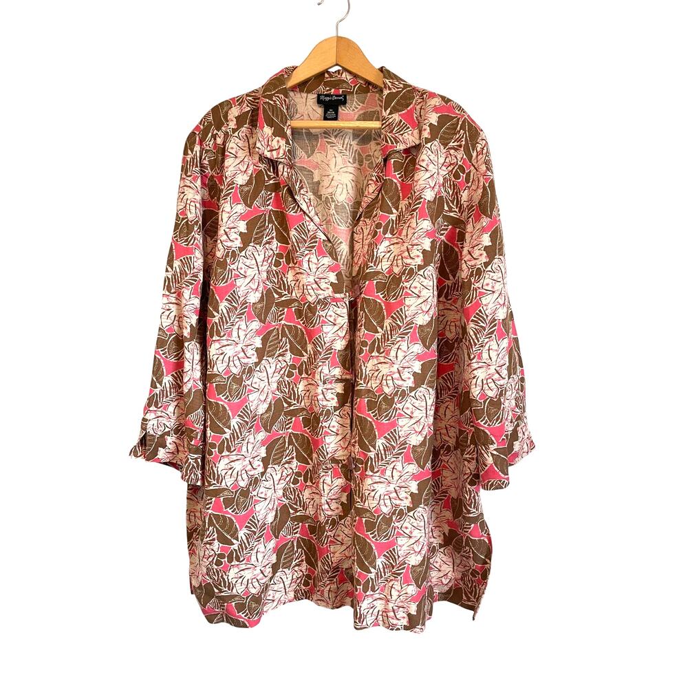 Maggie Barnes Linen Brown Pink Floral Blazer jacket button collar 3/4 sleeve 3X